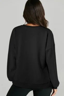 Best Dear-Lover Solid O Neck High Low Hem Pullover Sweatshirt Black