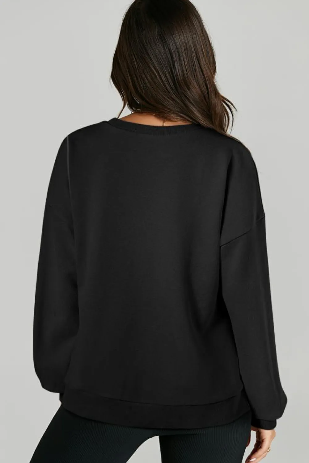 Best Dear-Lover Solid O Neck High Low Hem Pullover Sweatshirt Black