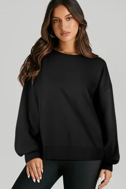 Best Dear-Lover Solid O Neck High Low Hem Pullover Sweatshirt Black