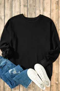 Best Dear-Lover Solid O Neck High Low Hem Pullover Sweatshirt Black