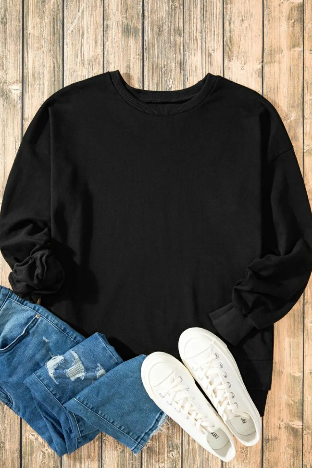 Best Dear-Lover Solid O Neck High Low Hem Pullover Sweatshirt Black