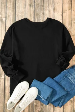 Best Dear-Lover Solid O Neck High Low Hem Pullover Sweatshirt Black