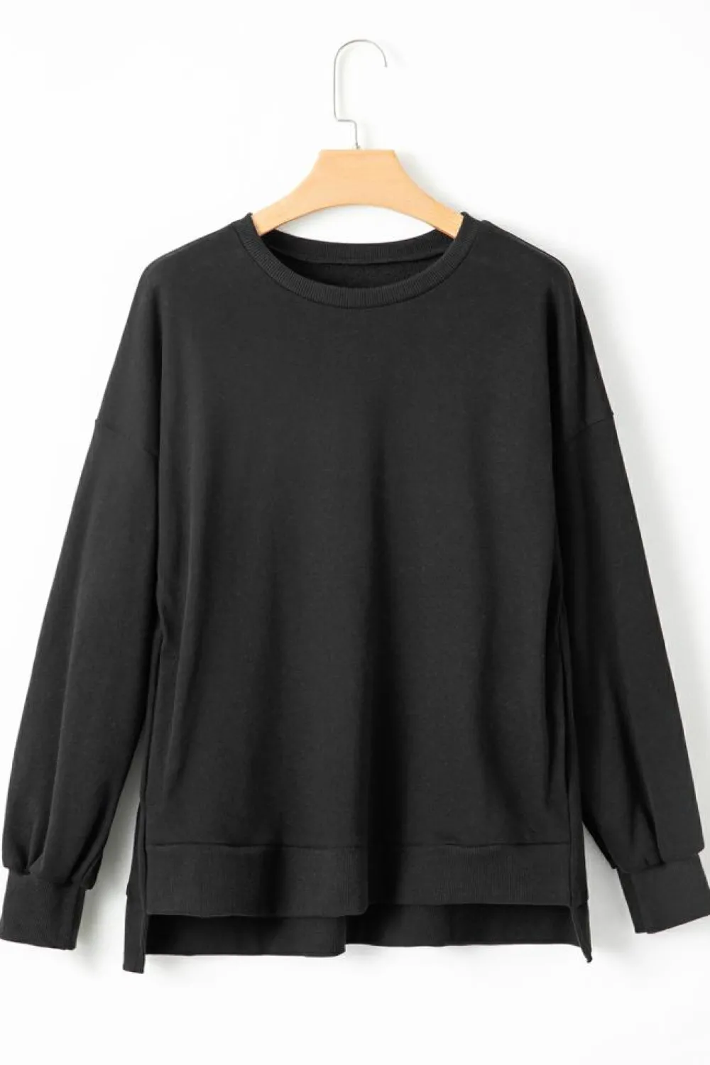 Best Dear-Lover Solid O Neck High Low Hem Pullover Sweatshirt Black