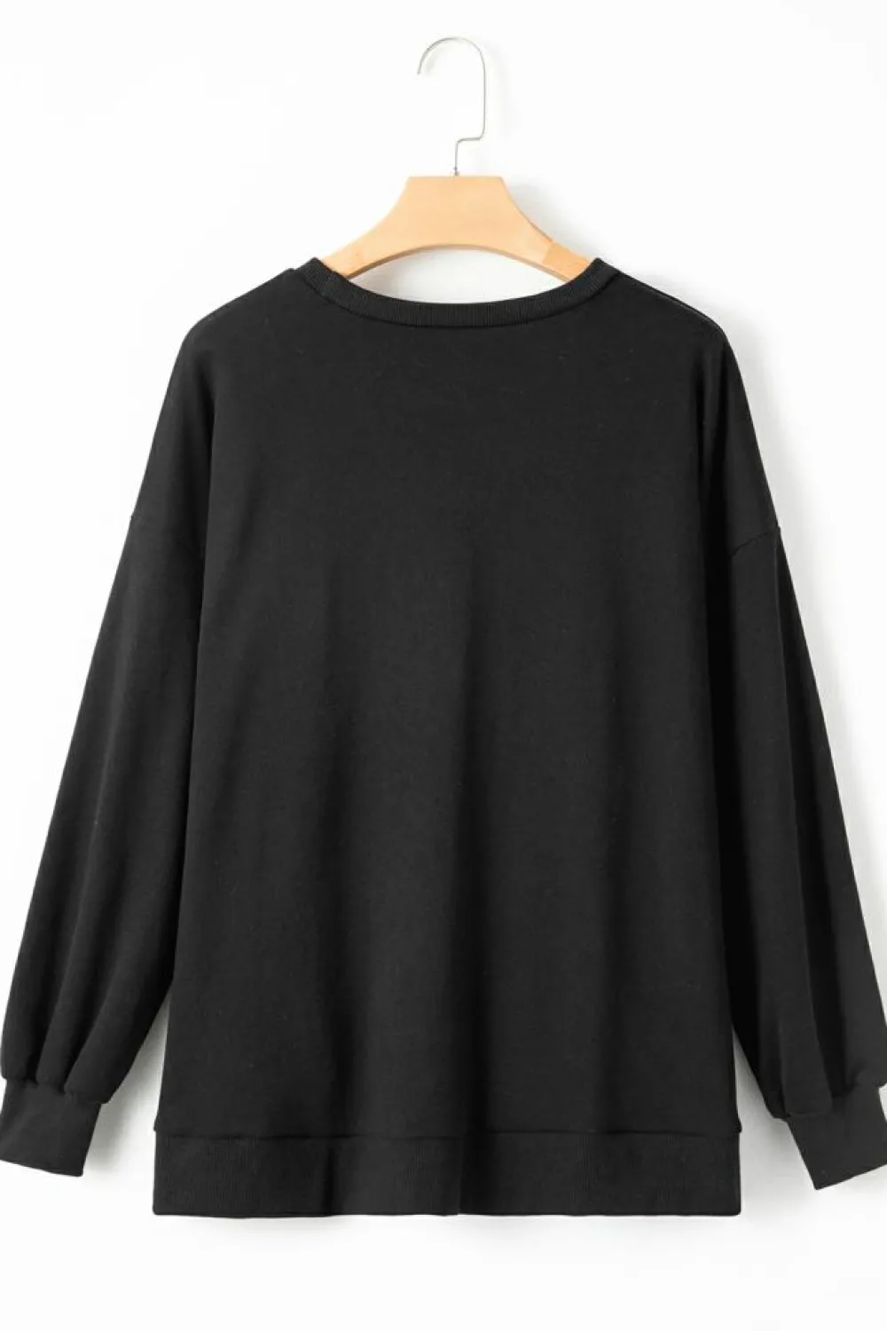 Best Dear-Lover Solid O Neck High Low Hem Pullover Sweatshirt Black