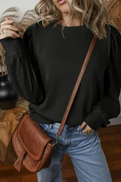 New Dear-Lover Solid Patchwork Sleeve Round Neck Sweatshirt Black
