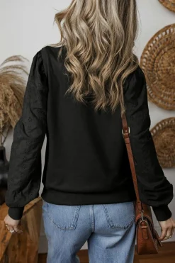 New Dear-Lover Solid Patchwork Sleeve Round Neck Sweatshirt Black