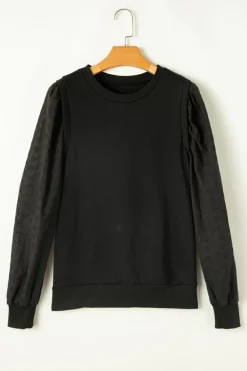 New Dear-Lover Solid Patchwork Sleeve Round Neck Sweatshirt Black