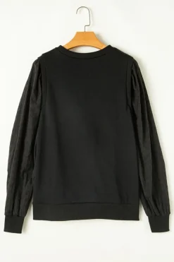 New Dear-Lover Solid Patchwork Sleeve Round Neck Sweatshirt Black