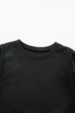 New Dear-Lover Solid Patchwork Sleeve Round Neck Sweatshirt Black