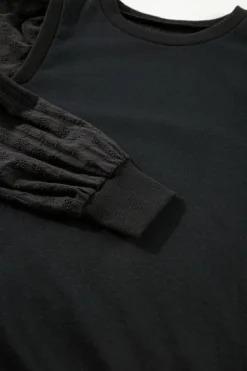 New Dear-Lover Solid Patchwork Sleeve Round Neck Sweatshirt Black