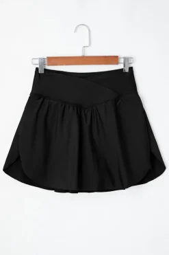 Hot Dear-Lover Solid Pocketed Crossover High Waist Swim Skort Black