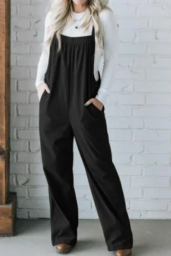 Clearance Dear-Lover Solid Pocketed Loose Fit Corduroy Overall Black