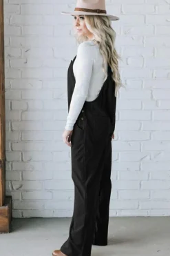 Clearance Dear-Lover Solid Pocketed Loose Fit Corduroy Overall Black