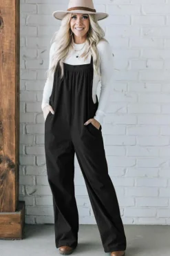 Clearance Dear-Lover Solid Pocketed Loose Fit Corduroy Overall Black
