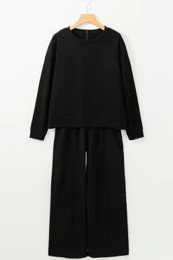 Discount Dear-Lover Solid Pullover and Seamed Casual Pants Set Black