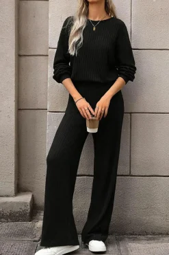 Discount Dear-Lover Solid Ribbed Knit Keyhole Back High Waist Jumpsuit Black