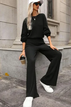 Discount Dear-Lover Solid Ribbed Knit Keyhole Back High Waist Jumpsuit Black