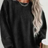 Clearance Dear-Lover Solid Ribbed Knit Round Neck Pullover Sweatshirt Black