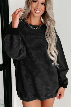 Clearance Dear-Lover Solid Ribbed Knit Round Neck Pullover Sweatshirt Black