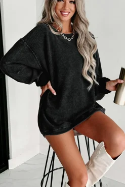 Clearance Dear-Lover Solid Ribbed Knit Round Neck Pullover Sweatshirt Black