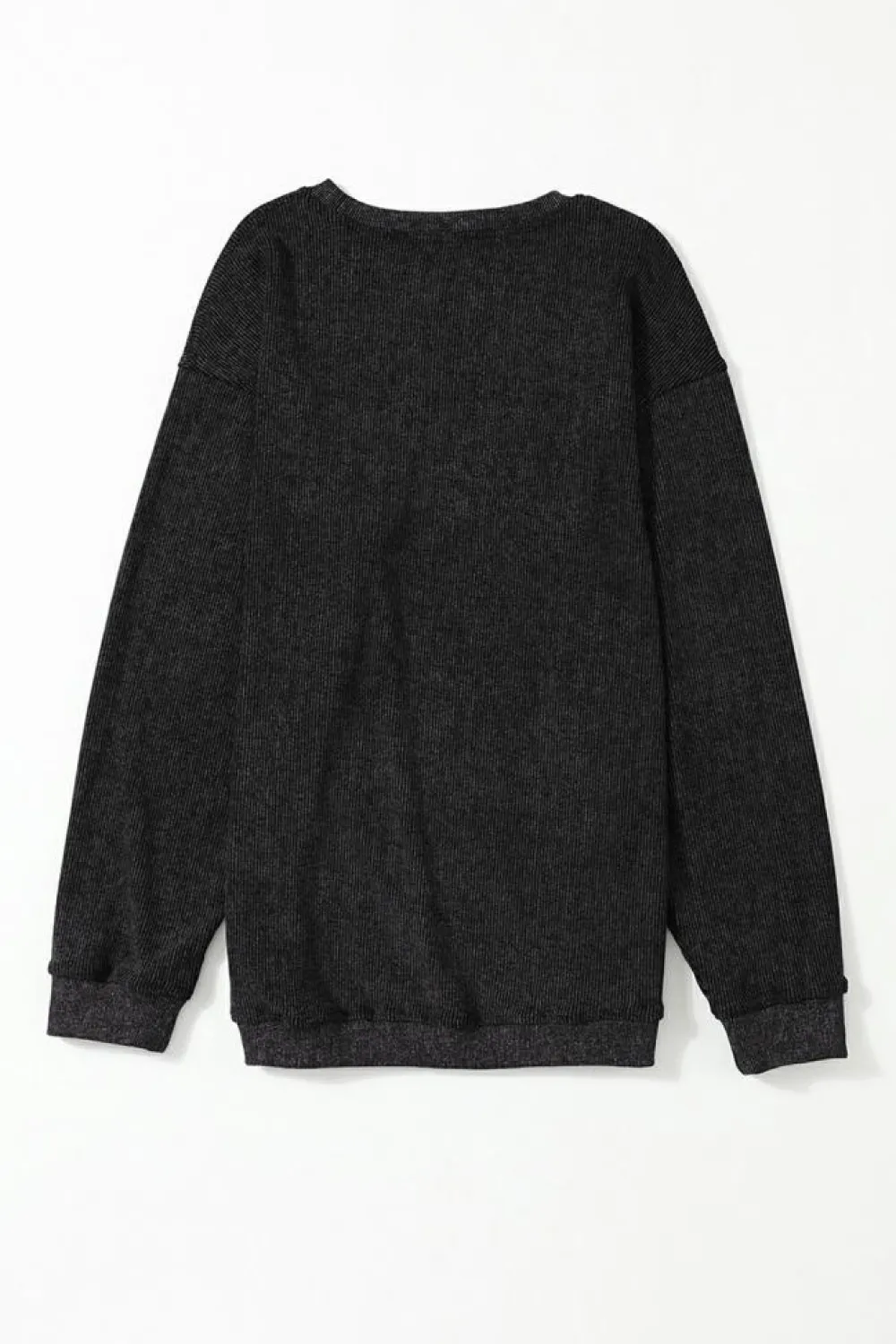 Clearance Dear-Lover Solid Ribbed Knit Round Neck Pullover Sweatshirt Black