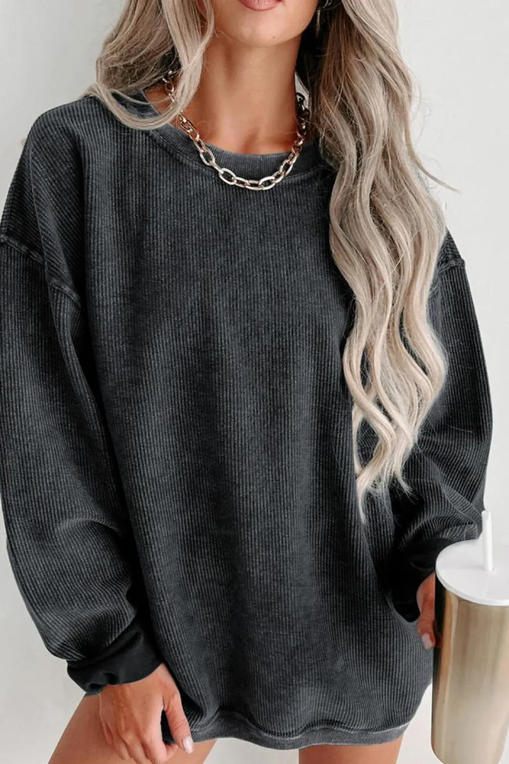 Clearance Dear-Lover Solid Ribbed Knit Round Neck Pullover Sweatshirt Black