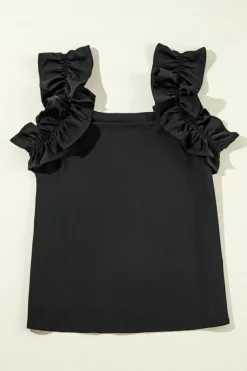 Discount Dear-Lover Solid Ruffle Trim Sleeveless Top Black