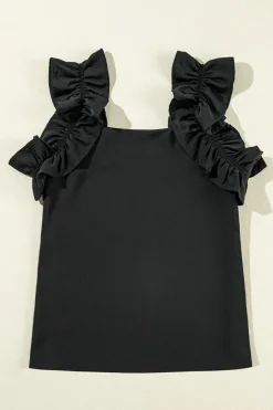 Discount Dear-Lover Solid Ruffle Trim Sleeveless Top Black
