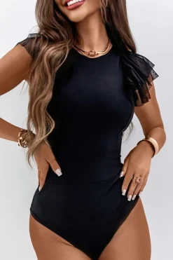 Fashion Dear-Lover Solid Ruffled Mesh Patchwork Sleeve Bodysuit Black