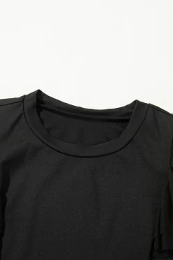 Fashion Dear-Lover Solid Ruffled Mesh Patchwork Sleeve Bodysuit Black
