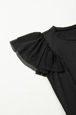 Fashion Dear-Lover Solid Ruffled Mesh Patchwork Sleeve Bodysuit Black