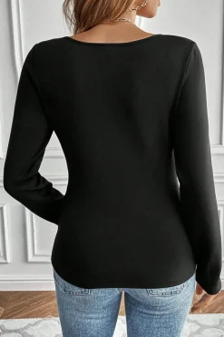 Fashion Dear-Lover Solid Scoop Neck Slim Fit Thermal Top Black