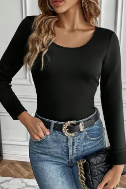 Fashion Dear-Lover Solid Scoop Neck Slim Fit Thermal Top Black