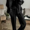 Outlet Dear-Lover Solid Seamed Zipper Jacket and Drawstring Waist Pants Set Black