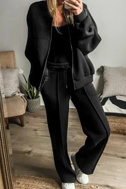 Outlet Dear-Lover Solid Seamed Zipper Jacket and Drawstring Waist Pants Set Black