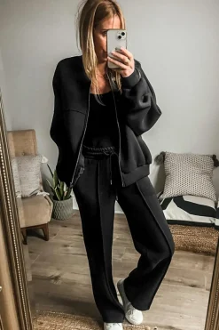 Outlet Dear-Lover Solid Seamed Zipper Jacket and Drawstring Waist Pants Set Black