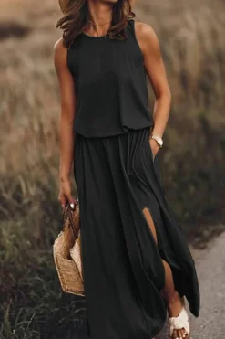 Outlet Dear-Lover Solid Sleeveless Tunic Maxi Dress with Split Black