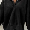 New Dear-Lover Solid Snap Buttons Collared Balloon Sleeve Oversized Sweatshirt Black