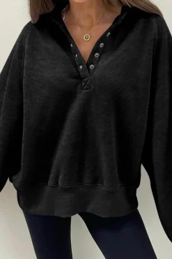 New Dear-Lover Solid Snap Buttons Collared Balloon Sleeve Oversized Sweatshirt Black
