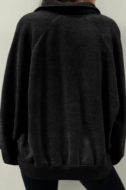 New Dear-Lover Solid Snap Buttons Collared Balloon Sleeve Oversized Sweatshirt Black