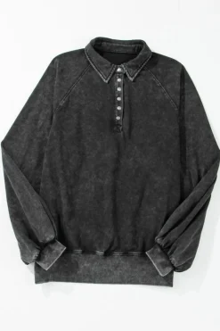New Dear-Lover Solid Snap Buttons Collared Balloon Sleeve Oversized Sweatshirt Black