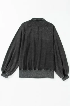 New Dear-Lover Solid Snap Buttons Collared Balloon Sleeve Oversized Sweatshirt Black