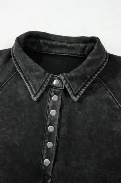 New Dear-Lover Solid Snap Buttons Collared Balloon Sleeve Oversized Sweatshirt Black