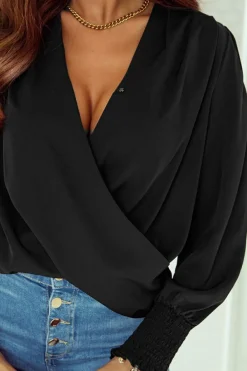 Hot Dear-Lover Solid Surplice Neck Shirred Cuffs Draped Blouse Black