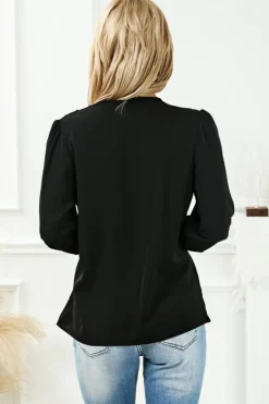 Hot Dear-Lover Solid Surplice Neck Shirred Cuffs Draped Blouse Black