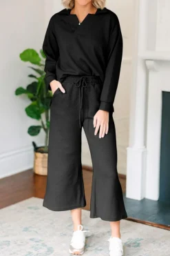 Hot Dear-Lover Solid Textured Collared V Neck Top and Wide Leg Pants Set Black