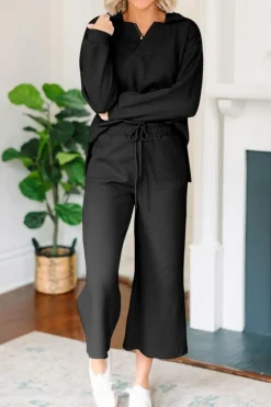 Hot Dear-Lover Solid Textured Collared V Neck Top and Wide Leg Pants Set Black