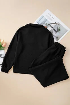 Hot Dear-Lover Solid Textured Collared V Neck Top and Wide Leg Pants Set Black