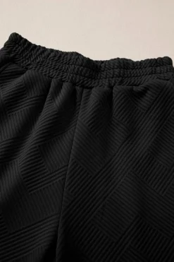 Hot Dear-Lover Solid Textured Collared V Neck Top and Wide Leg Pants Set Black