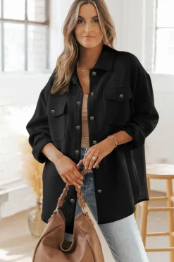 Outlet Dear-Lover Solid Textured Flap Pocket Buttoned Shacket Black